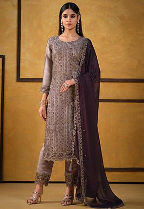 Embroidered Art Silk Scalloped Pakistani Suit in Grey
