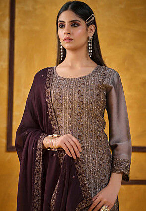 Embroidered Art Silk Scalloped Pakistani Suit in Grey