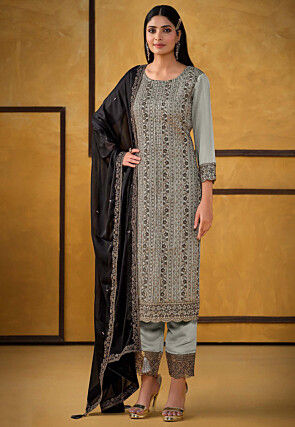 Embroidered Art Silk Scalloped Pakistani Suit in Grey