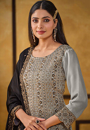 Embroidered Art Silk Scalloped Pakistani Suit in Grey