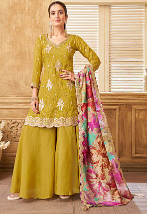 Embroidered Art Silk Scalloped Pakistani Suit in Mustard