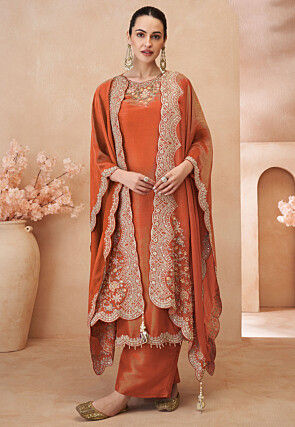 Embroidered Art Silk Scalloped Pakistani Suit in Orange