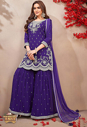 Embroidered Art Silk Scalloped Pakistani Suit in Purple