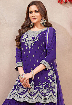 Embroidered Art Silk Scalloped Pakistani Suit in Purple