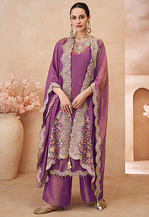 Embroidered Art Silk Scalloped Pakistani Suit in Purple