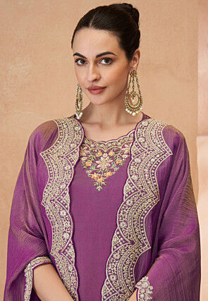 Embroidered Art Silk Scalloped Pakistani Suit in Purple