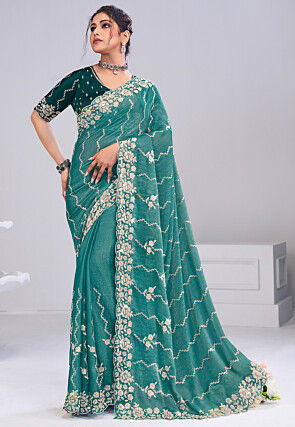 Embroidered Art Silk Scalloped Saree in Blue