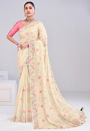Embroidered Art Silk Scalloped Saree in Cream