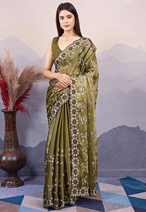 Embroidered Art Silk Scalloped Saree in Dark Olive Green