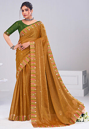 Embroidered Art Silk Scalloped Saree in Dusty Mustard