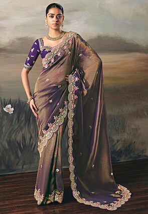 Embroidered Art Silk Scalloped Saree in Dusty Purple