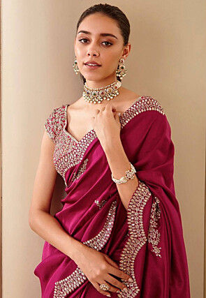 Embroidered Art Silk Scalloped Saree in Fuchsia