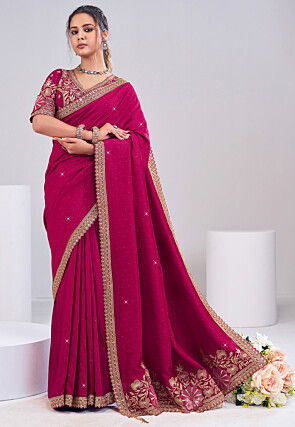 Embroidered Art Silk Scalloped Saree in Fuchsia