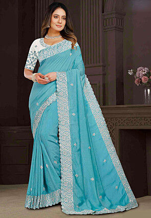 Embroidered Art Silk Scalloped Saree in Light Blue