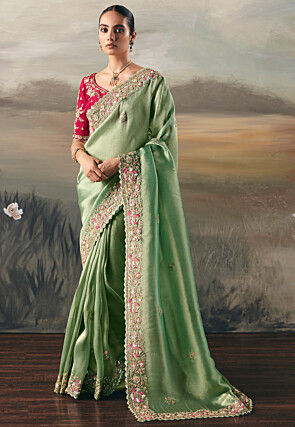 Embroidered Art Silk Scalloped Saree in Light Green