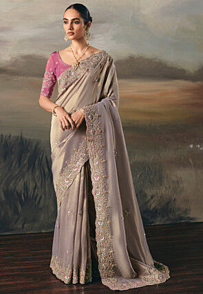 Embroidered Art Silk Scalloped Saree in Light Grey