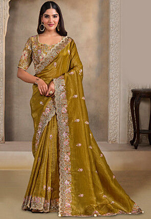 Embroidered Art Silk Scalloped Saree in Mustard