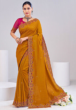 Embroidered Art Silk Scalloped Saree in Mustard