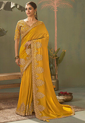 Embroidered Art Silk Scalloped Saree in Mustard