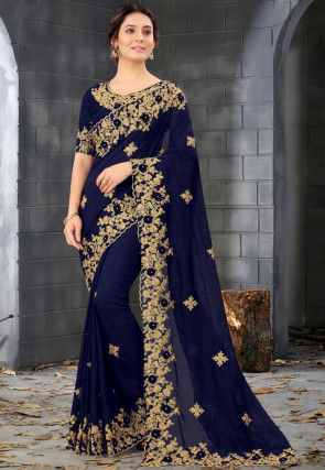 Embroidered Art Silk Scalloped Saree in Navy Blue
