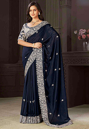 Embroidered Art Silk Scalloped Saree in Navy Blue