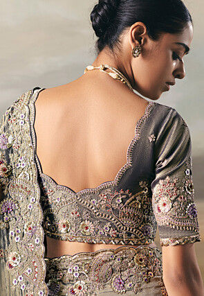 Embroidered Art Silk Scalloped Saree in Ombre Grey