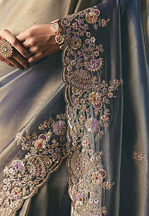 Embroidered Art Silk Scalloped Saree in Ombre Grey