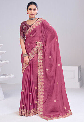 Embroidered Art Silk Scalloped Saree in Pink