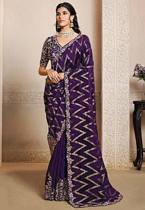 Embroidered Art Silk Scalloped Saree in Purple