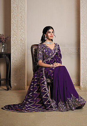 Embroidered Art Silk Scalloped Saree in Purple