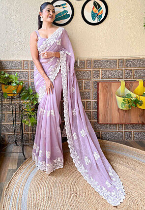 Embroidered Art Silk Scalloped Saree in Purple