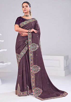 Embroidered Art Silk Scalloped Saree in Purple
