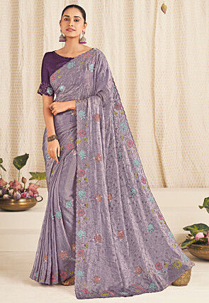 Embroidered Art Silk Scalloped Saree in Purple