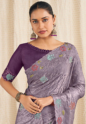 Embroidered Art Silk Scalloped Saree in Purple