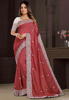 Embroidered Art Silk Scalloped Saree in Red