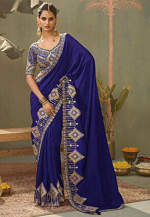 Embroidered Art Silk Scalloped Saree in Royal Blue
