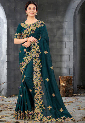 Embroidered Art Silk Scalloped Saree in Teal Blue