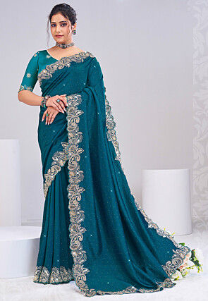 Embroidered Art Silk Scalloped Saree in Teal Blue