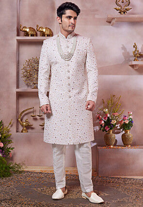 Embroidered Art Silk Sherwani in Baby Pink