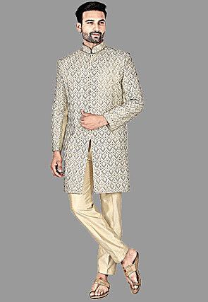 Embroidered Art Silk Sherwani in Beige