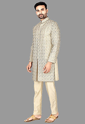 Embroidered Art Silk Sherwani in Beige