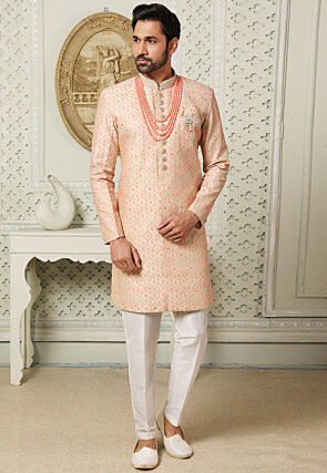 Embroidered Art Silk Sherwani in Beige