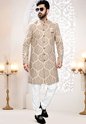 Embroidered Art Silk Sherwani in Beige