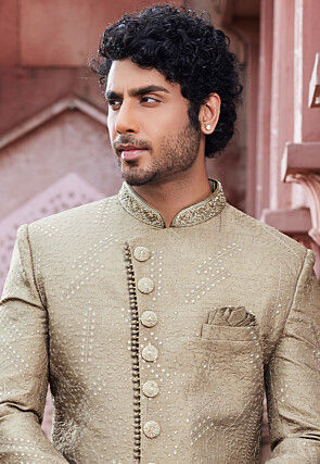 Embroidered Art Silk Sherwani in Beige