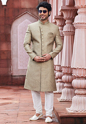 Embroidered Art Silk Sherwani in Beige