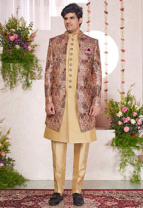 Embroidered Art Silk Sherwani in Beige