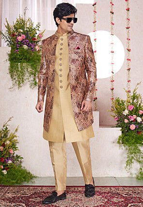 Embroidered Art Silk Sherwani in Beige