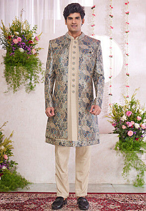 Embroidered Art Silk Sherwani in Beige