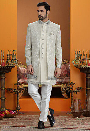 Embroidered Art Silk Sherwani in Beige