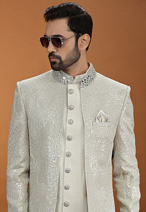 Embroidered Art Silk Sherwani in Beige